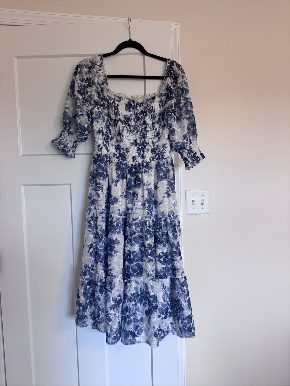 Blue and White Floral Smocked Midi Dress with Puff Sleeves